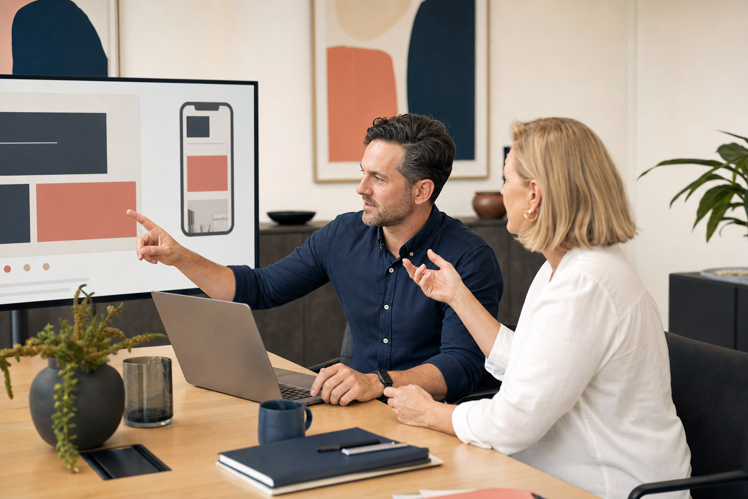 A consultant and business owner reviewing website ideas together